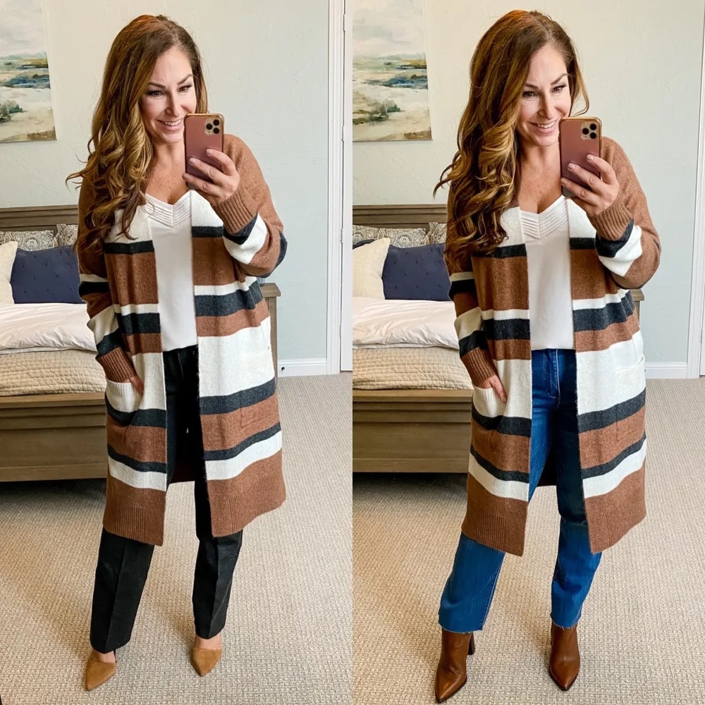 LOFT Brown and White Striped Cardigan Size Large